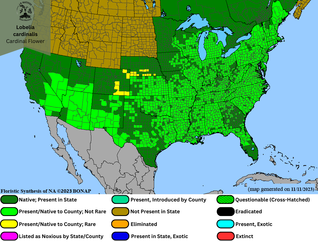 Lobelia cardinalis - Cardinal Flower Range Map