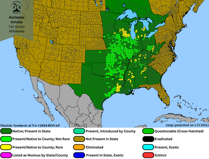 Asclepias hirtella-Tall Green Milkweed Range Map