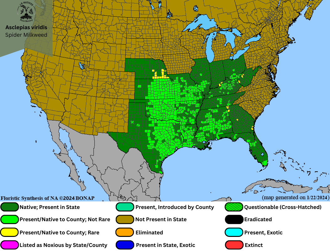 Asclepias viridis - Spider Milkweed Range Map