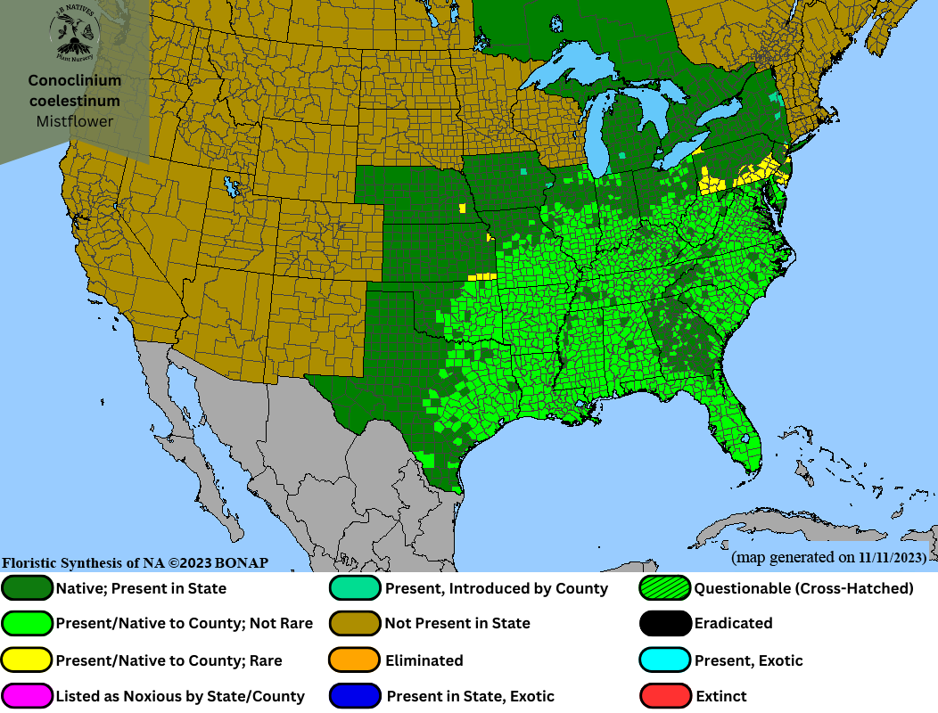 Conoclinium coelestinum - Mistflower Range Map