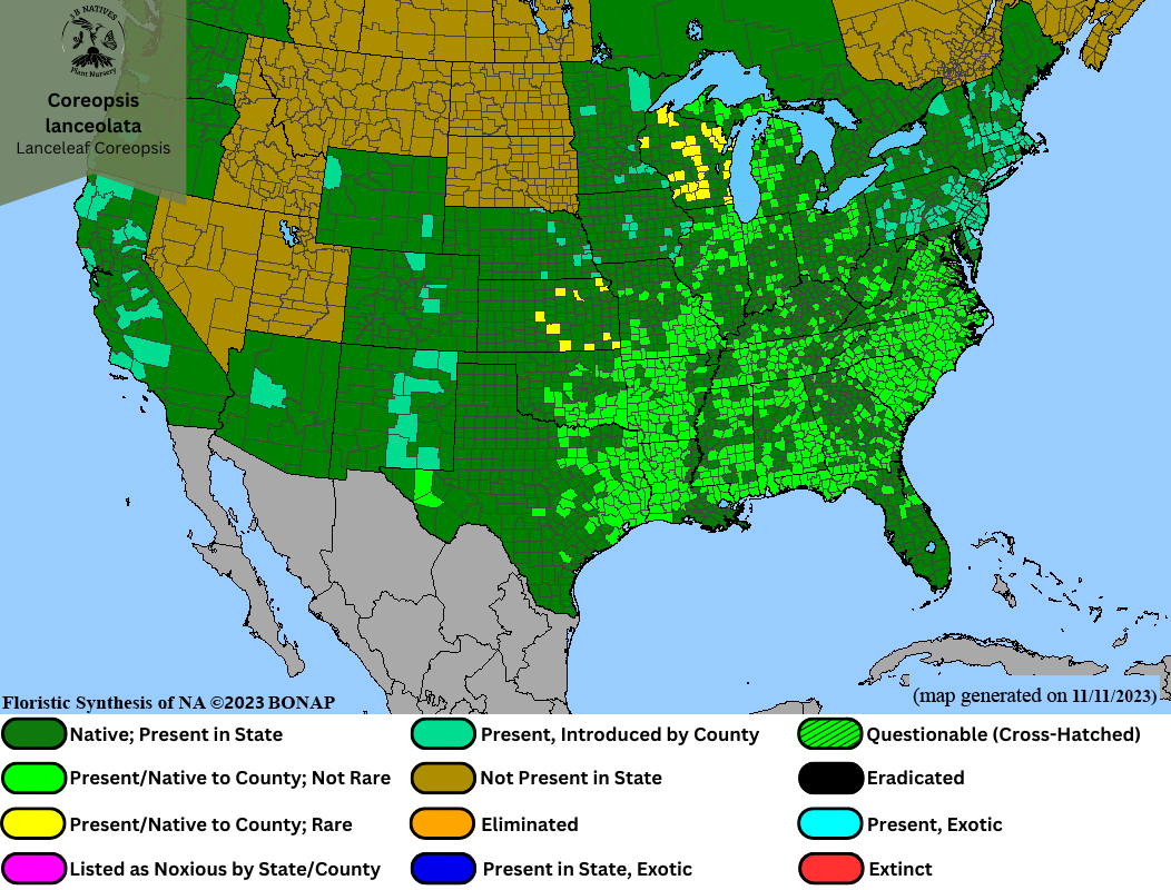 Coreopsis lanceolata - Sand Coreopsis/Lanceleaf Coreopsis Range Map