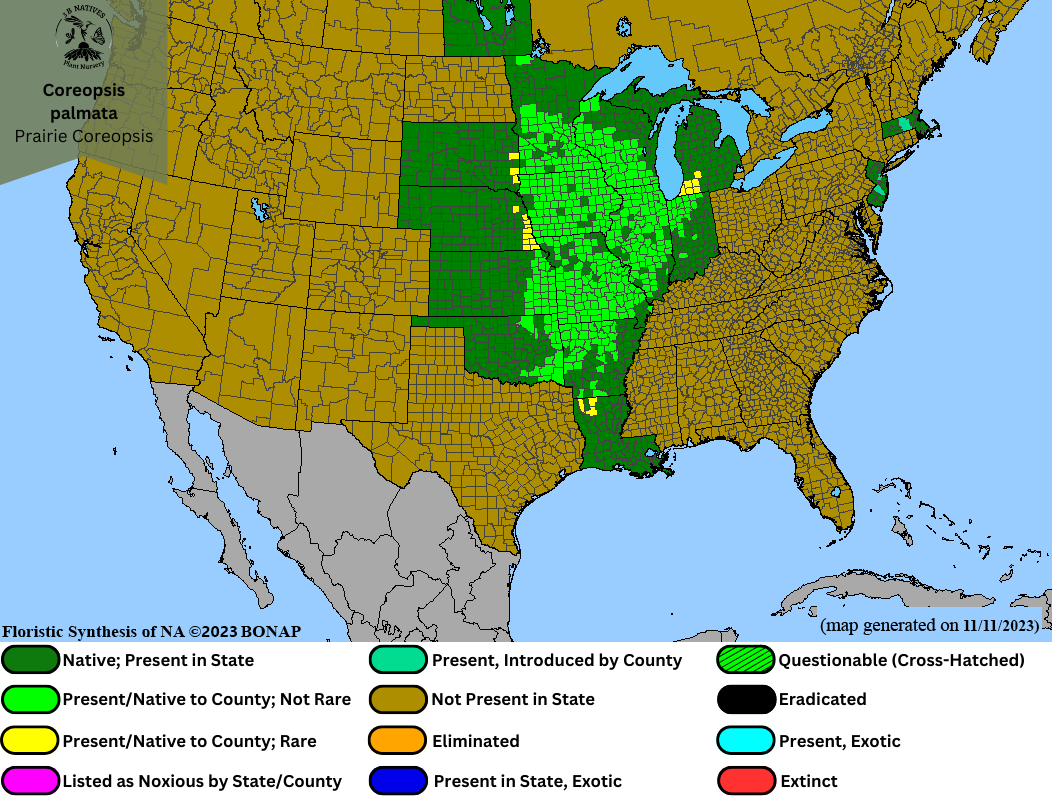 Coreopsis palmata - Prairie Coreopsis Range Map