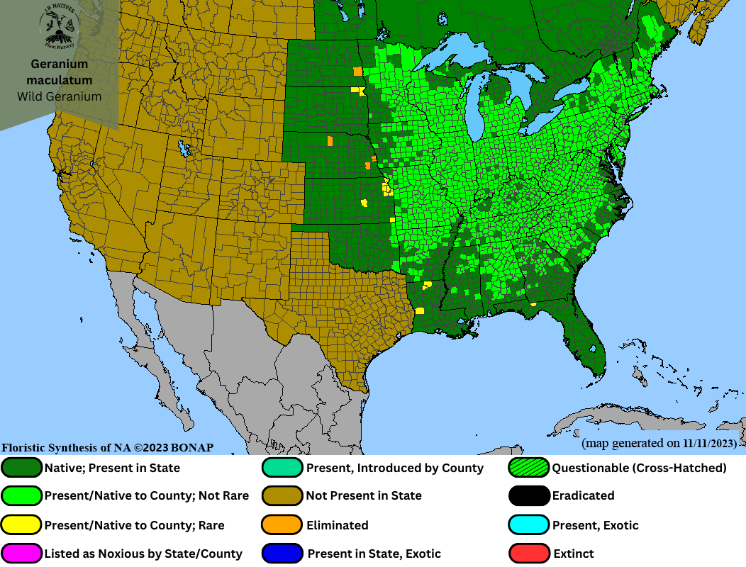 Geranium maculatum - Wild Geranium Range Map