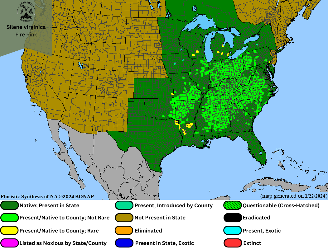 Silene virginica - Fire Pink Range Map